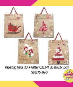 1 PCS PAPERBAG NATAL 3D GLITTER NUANSA EMAS UK 26X32X10CM SHOPPING BAG