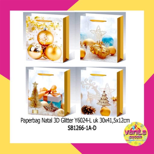 1 PCS PAPERBAG NATAL 3D GLITTER PUTIH NUANSA GOLD UK 30X41