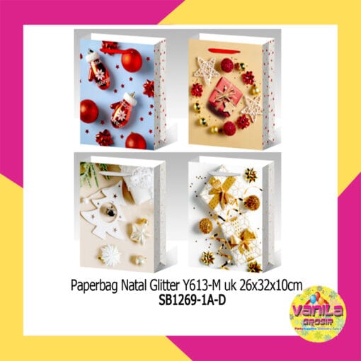 1 PCS PAPERBAG NATAL GLITTER LONCENG KADO UK 26X32X10CM NON 3D SHOPPING BAG
