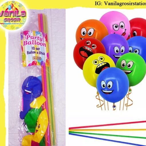 (10Pcs) Stik Balon Warna + Balon Emoji Mix