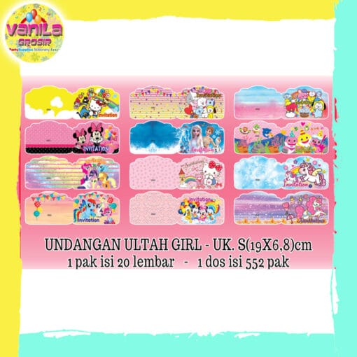 10Pcs Undangan S GIRL + FREE PLASTIK, undangan ulang tahun, undangan karakter, undangan hbd - Gambar 5