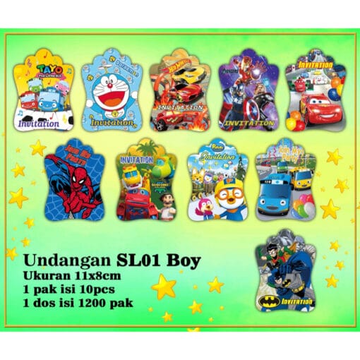 10Pcs Undangan SL01 BOY + FREE PLASTIK, undangan ulang tahun, undangan karakter, undangan hbd - Gambar 5