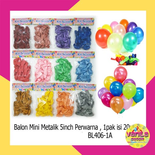 (1Pak Isi 20Pcs) Balon Latex Metalik Mini 1 Warna