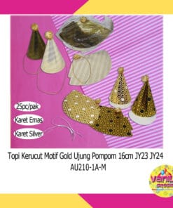(1Pcs) Topi Kerucut Gold Pompom