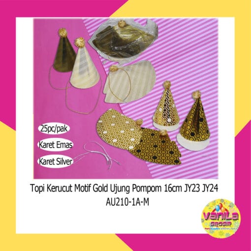 (1Pcs) Topi Kerucut Gold Pompom