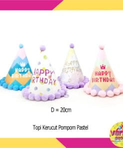 (1Pcs) Topi Kerucut Pompom Pastel HBD