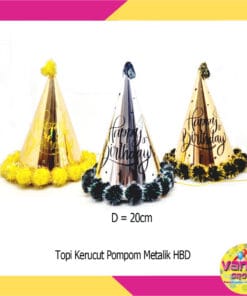 (1Pcs) Topi Kerucut Pompom Rumbai HBD