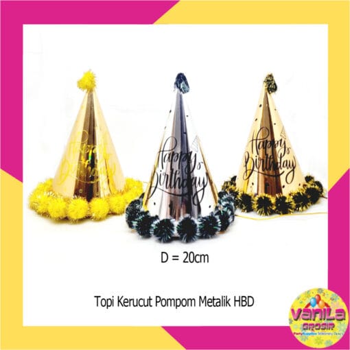(1Pcs) Topi Kerucut Pompom Rumbai HBD