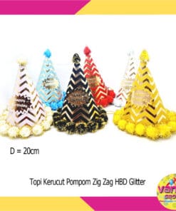 (1Pcs) Topi Kerucut Pompom Zigzag HBD Glitter