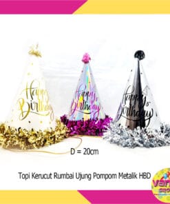 (1Pcs) Topi Kerucut Rumbai Pompom HBD