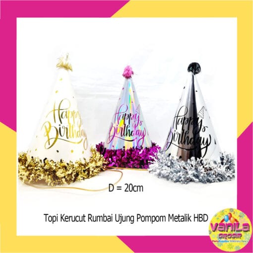 (1Pcs) Topi Kerucut Rumbai Pompom HBD