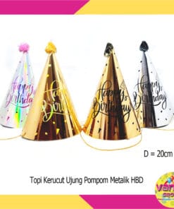 (1Pcs) Topi Kerucut Ujung Pompom Metalik HBD