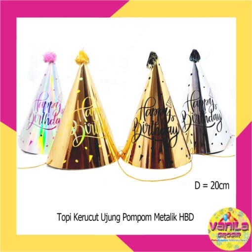 (1Pcs) Topi Kerucut Ujung Pompom Metalik HBD