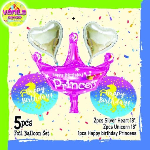 (1Set) Balon foil set HBD karakter (Mahkota princess pink)