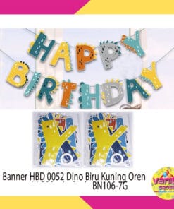 (1Set) Banner HBD Karakter Dino Biru Kuning
