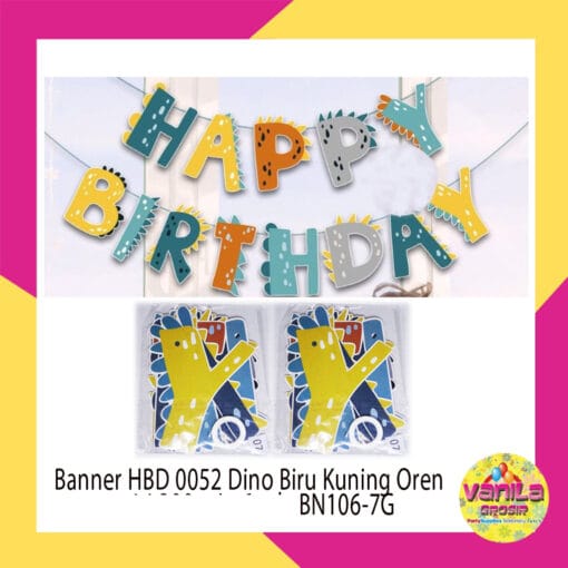 (1Set) Banner HBD Karakter Dino Biru Kuning
