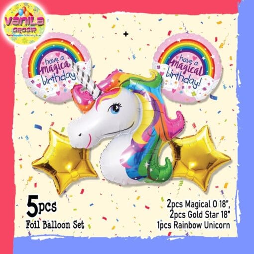 (1Set Isi 5Pcs) Balon Foil Set Karakter Unicorn Rainbow