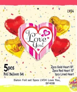 (1Set isi 5Pcs) Balon foil bentuk Love Pink Garis-garis tulisan Hitam