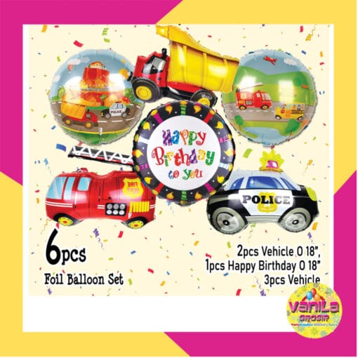 (1Set isi 6Pcs) Balon foil HBD motif Transportasi seri A (Vechile)