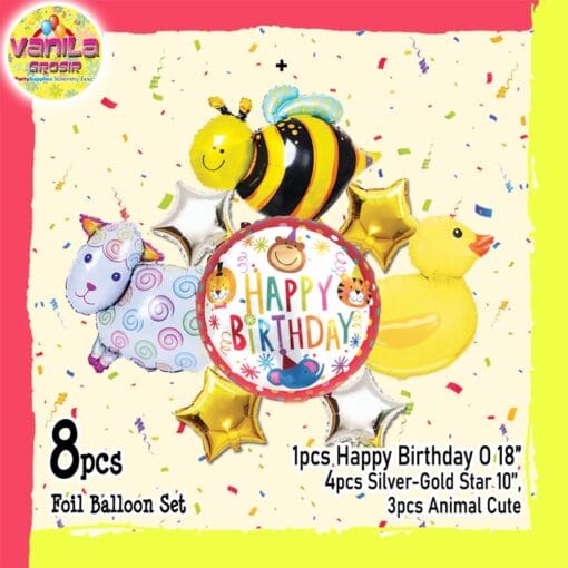(1Set isi 8Pcs) Balon foil set HBD karakter Animal cute