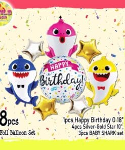 (1Set isi 8Pcs) Balon foil set HBD karakter Baby Shark