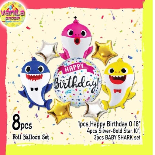 (1Set isi 8Pcs) Balon foil set HBD karakter Baby Shark