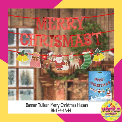 Banner Tulisan Merry Christmas + Hiasan Snowman Rusa Santa