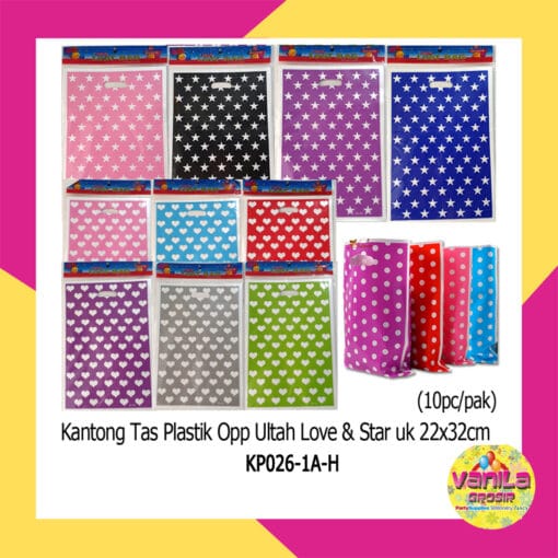 (Isi 10Pcs UK L) Kantong Tas Plastik Opp Ultah Motif Love & Bintang