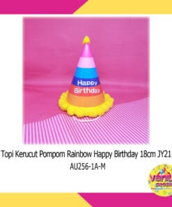 Topi Kerucut Pompom HBD Rainbow