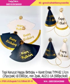 Topi Kerucut Happy Birthday + Karet Emas 17cm 25 pc/pack