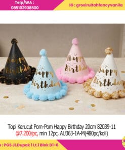 Topi Kerucut Pom-Pom Happy Birthday 20cm