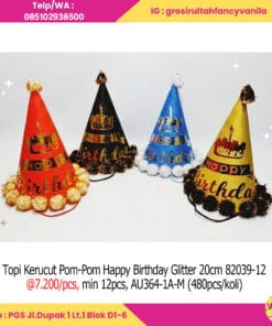 Topi Kerucut Pom-Pom Happy Birthday Glitter 20cm