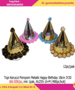 Topi Kerucut Pompom Metalik Happy Birthday